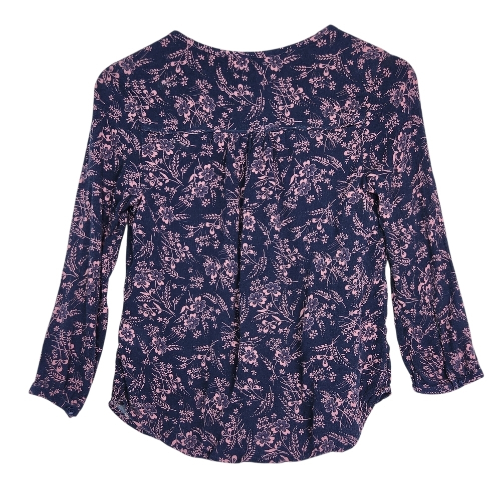 Hinge Navy Blue & Pink Floral Cottagecore Button-Front Blouse 3/4 Sleeve Size XS - Picture 3 of 10